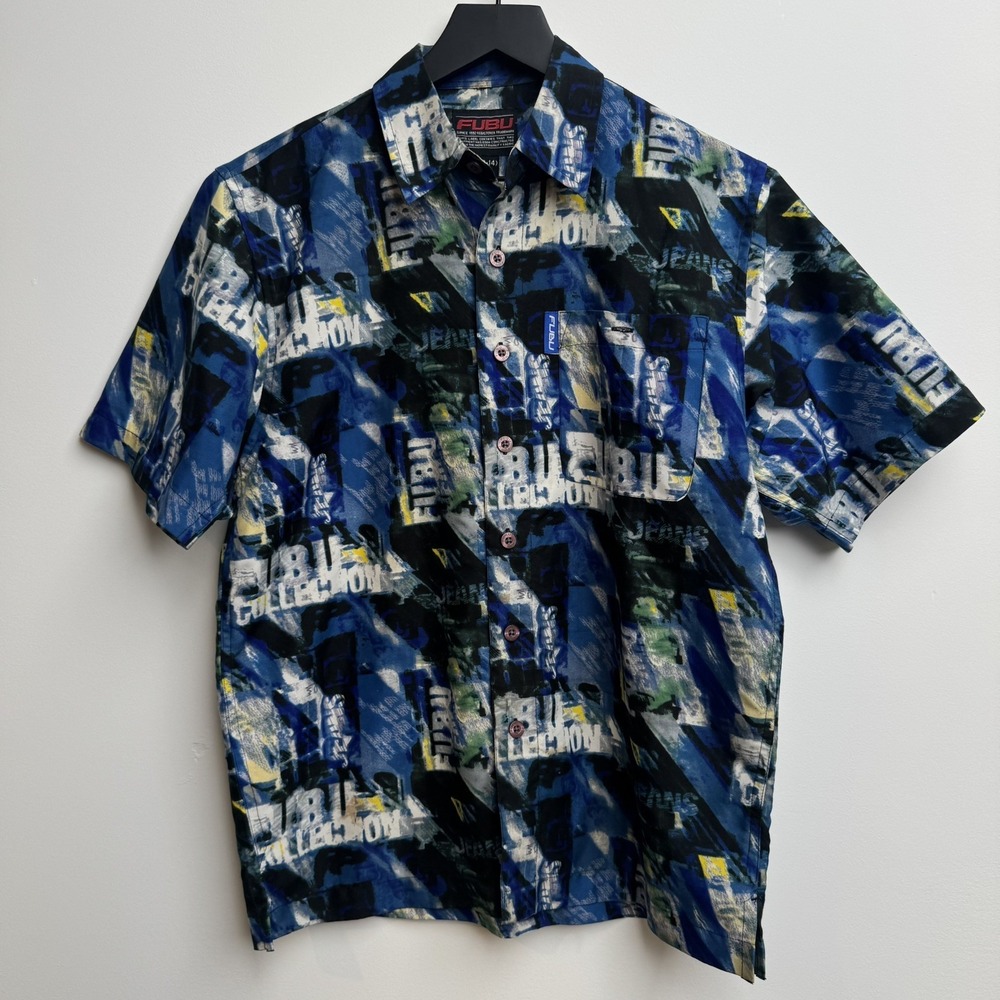 VTG Y2K FUBU Collection Hawaiian Shirt Medium Blue Printed Allover Button‎ Up